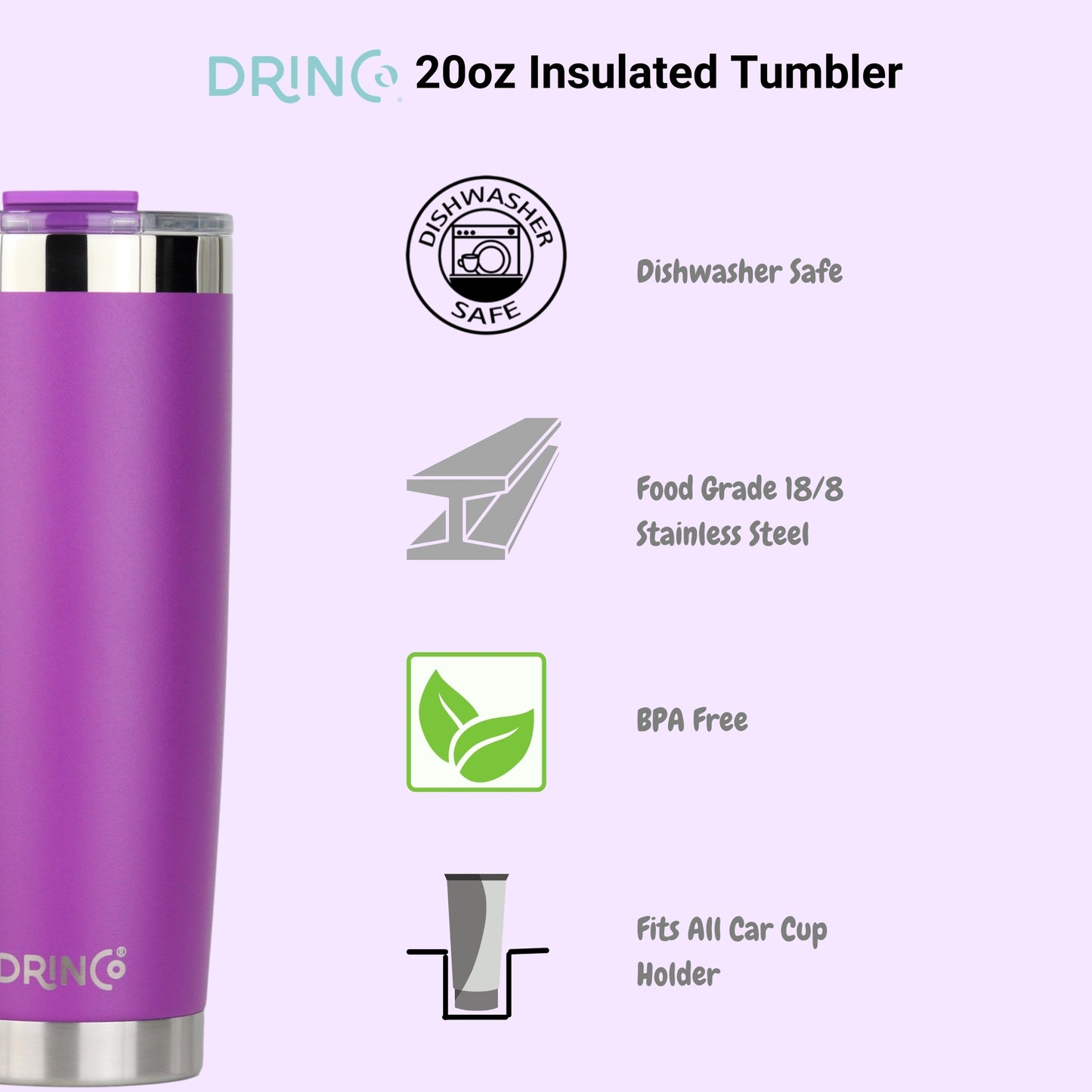 DRINCO®  20oz Insulated Tumbler w/Spill Proof Lid, 2 Straws (Purple)